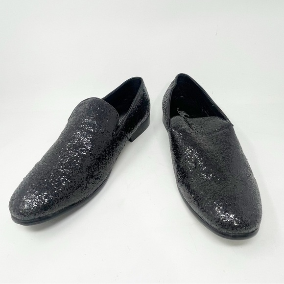 AMALI Men’s Black BARNES Glitter Sparkle Smoking Tuxedo Slip On Loafers Size 12 - Picture 1 of 7
